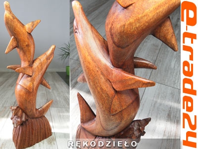 Figurka Rzeźba DELFINY Drewno Suar Rękodzieło 40cm