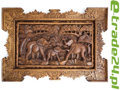 Rzeźba Płaskorzeźba Obraz SŁONIE Drewno 70x49cm