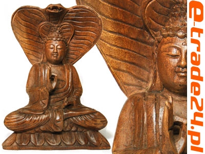 Rzeźba Medytujący BUDDA z Kobrą Figurka Drewno 31cm Rękodzieło