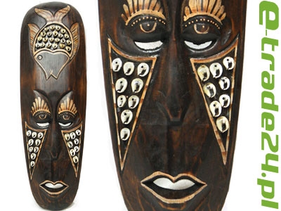 Rzeźba Maska Etno Drewno Głowa RYBA 50cm z Muszlami