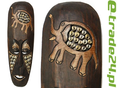 Rzeźba Maska Etno Drewno Głowa SŁOŃ 50cm z Muszlami