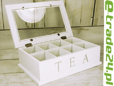  Drewniane Pudełko na Herbatę Szkatułka 8 przegród napis TEA