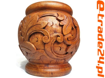 Rzeźbiony Drewniany WAZON z Ornamentem Rękodzieło